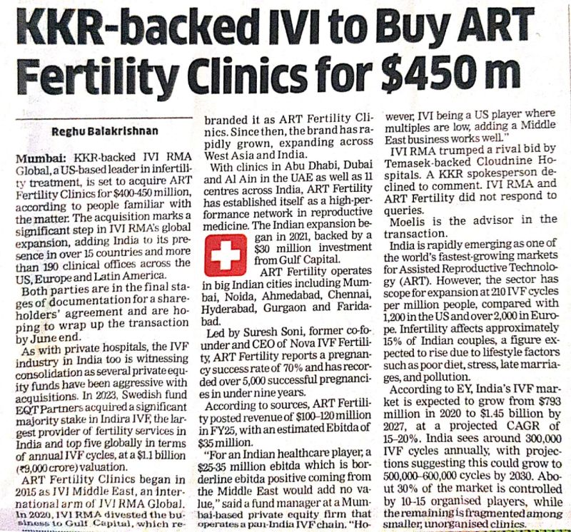 KKR backed IVI to Buy ART Fertility Clinics for 450m dollar