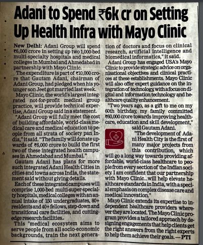 Adani to Spend 6000 Cr on Health Infra with Mayo Clinic